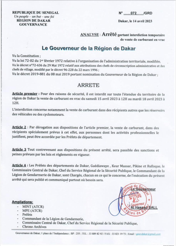 Arrêté du Gouverneur de la région de Dakar du 14 avril 2023 portant interdiction temporaire de vente de carburant en vrac.