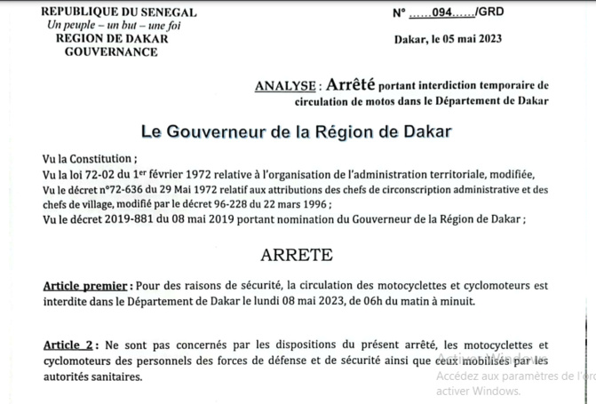 Département de Dakar: Arrêté du gouverneur de Dakar, portant interdiction temporaire de circulation des motos