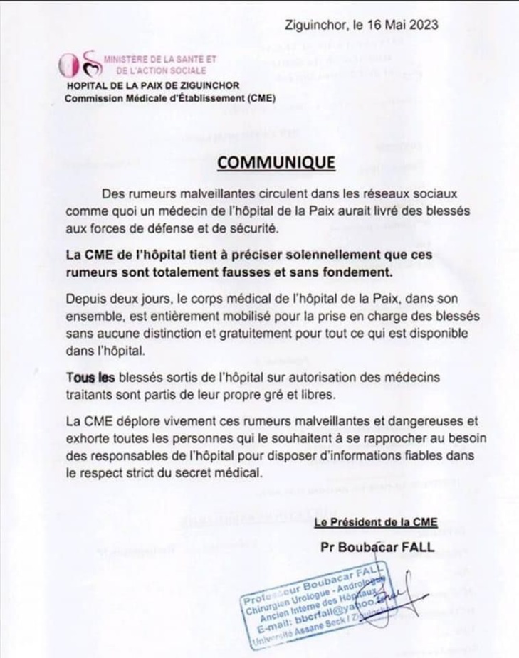 Livraison de blessés aux FDS : La CME de l’hôpital de la Paix dément et précise que ces rumeurs sont totalement fausses et sans fondement