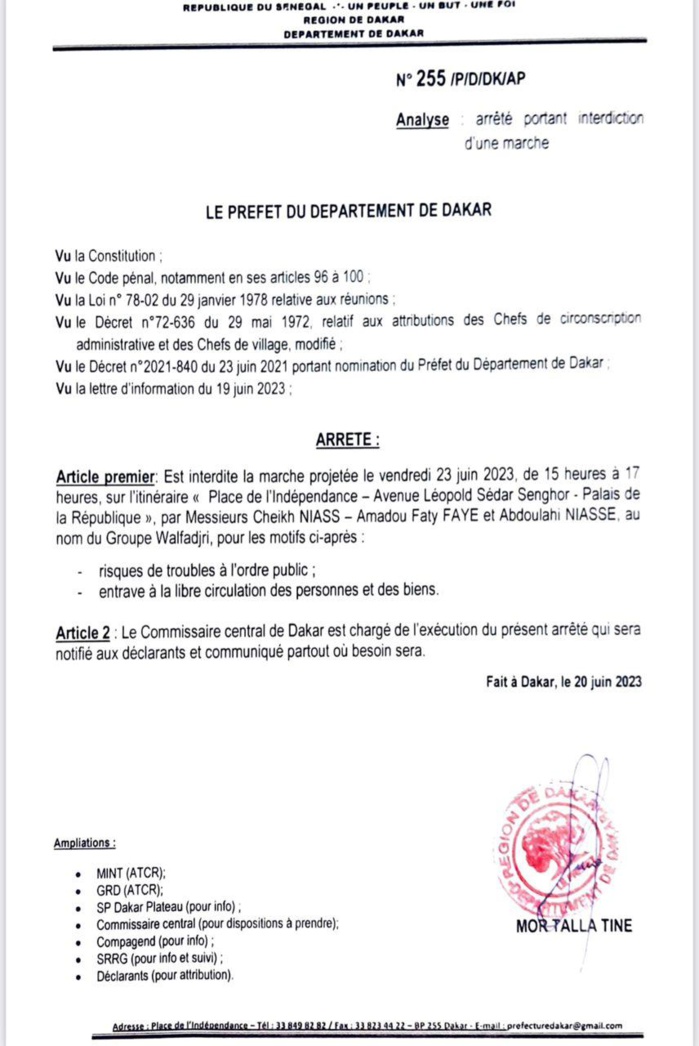 Le préfet de Dakar interdit les manifestations prévues vendredi et dimanche (Documents)