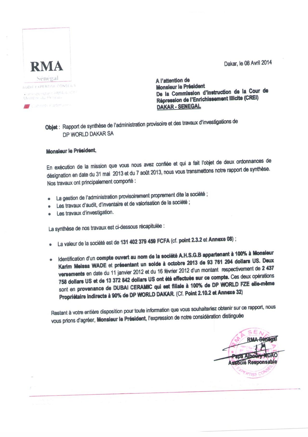 Voici le rapport de l'expert comptable Alboury Ndaw du cabinet RMA sur le fameux compte de Karim Wade de Singapour