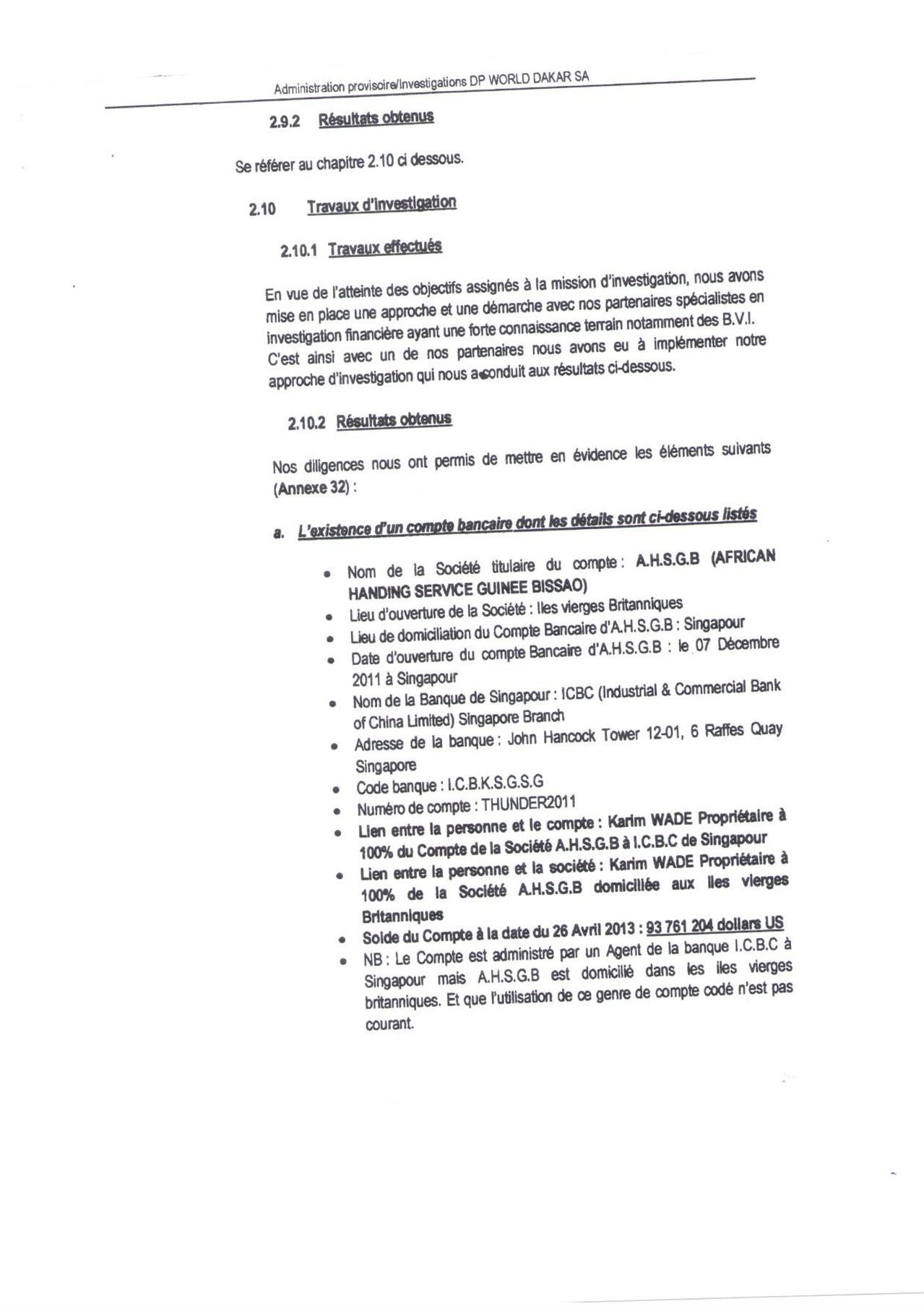 Voici le rapport de l'expert comptable Alboury Ndaw du cabinet RMA sur le fameux compte de Karim Wade de Singapour