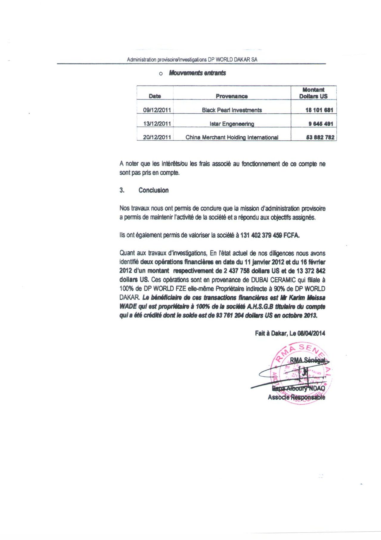 Voici le rapport de l'expert comptable Alboury Ndaw du cabinet RMA sur le fameux compte de Karim Wade de Singapour