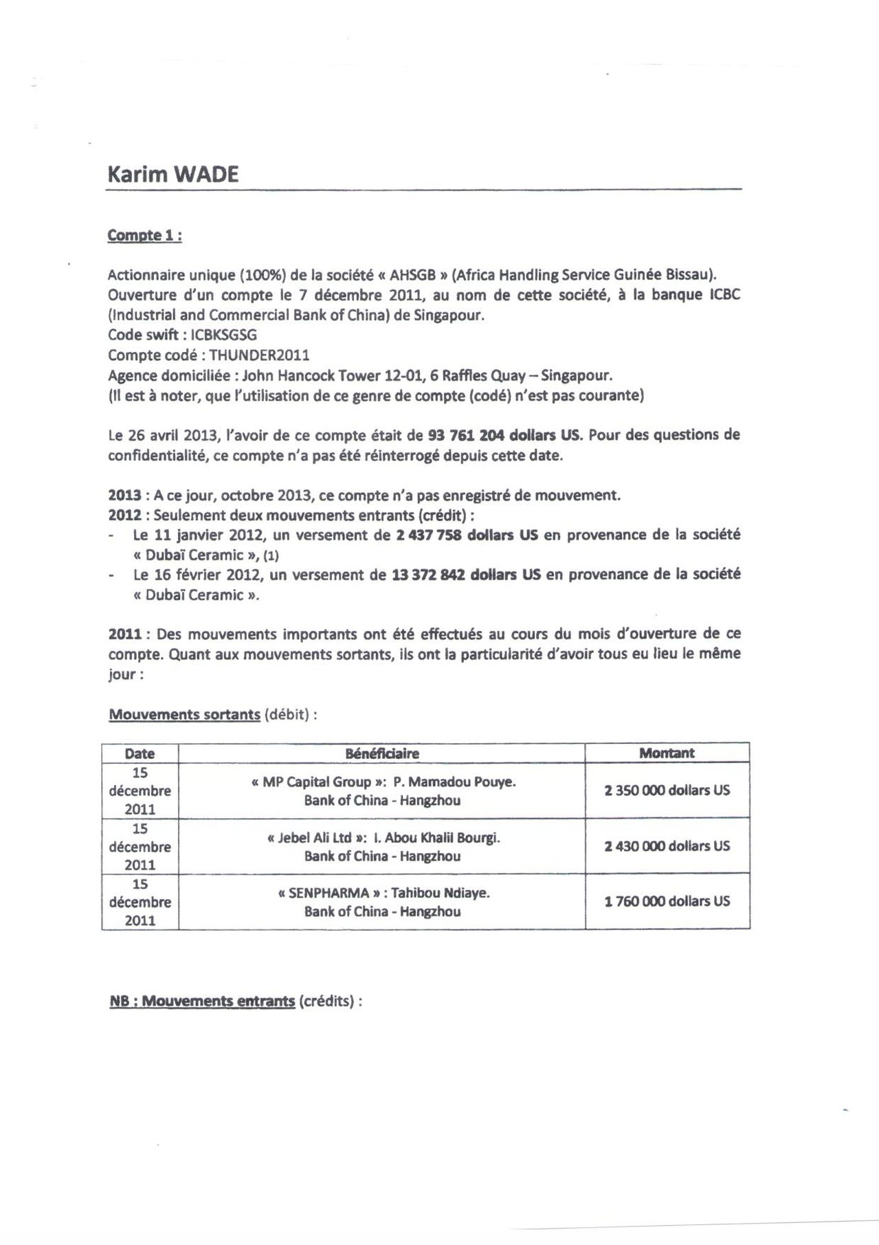 Voici le rapport de l'expert comptable Alboury Ndaw du cabinet RMA sur le fameux compte de Karim Wade de Singapour