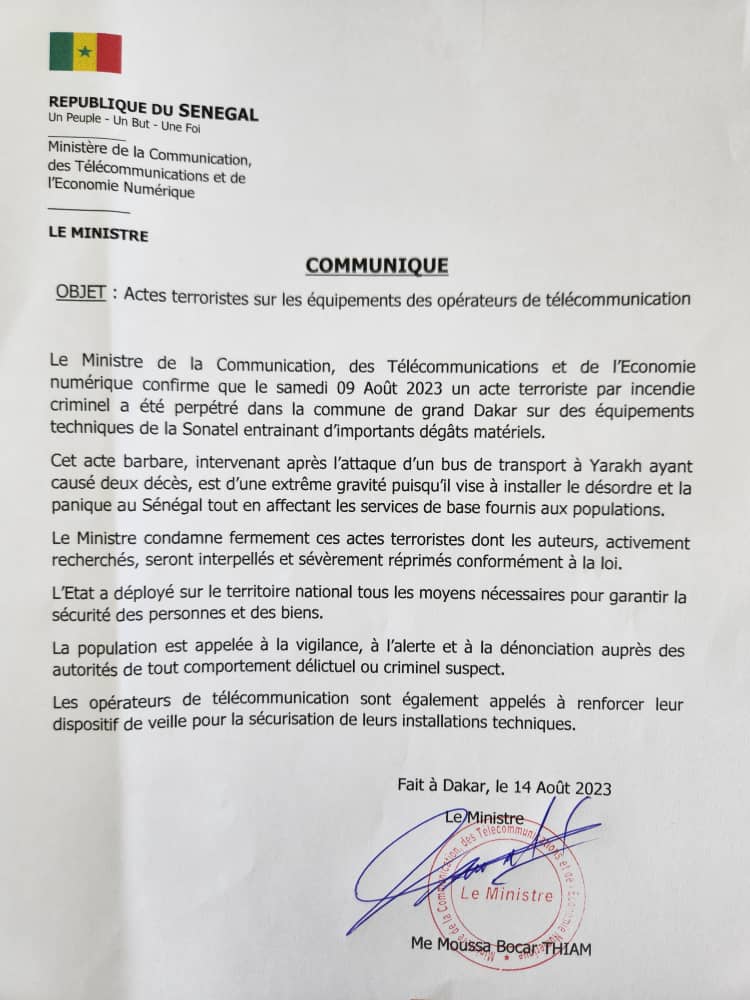 Communiqué Ministère de la communication sur des actes terroristes et criminels sur des équipements de télécommunication