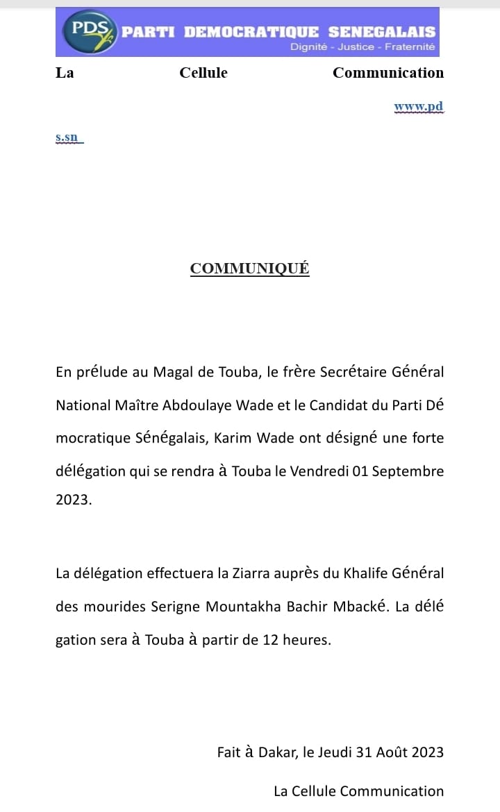 MAGAL TOUBA: Une forte délégation de Maitre Abdoulaye Wade et son fils Karim du PDS à Touba ce vendredi