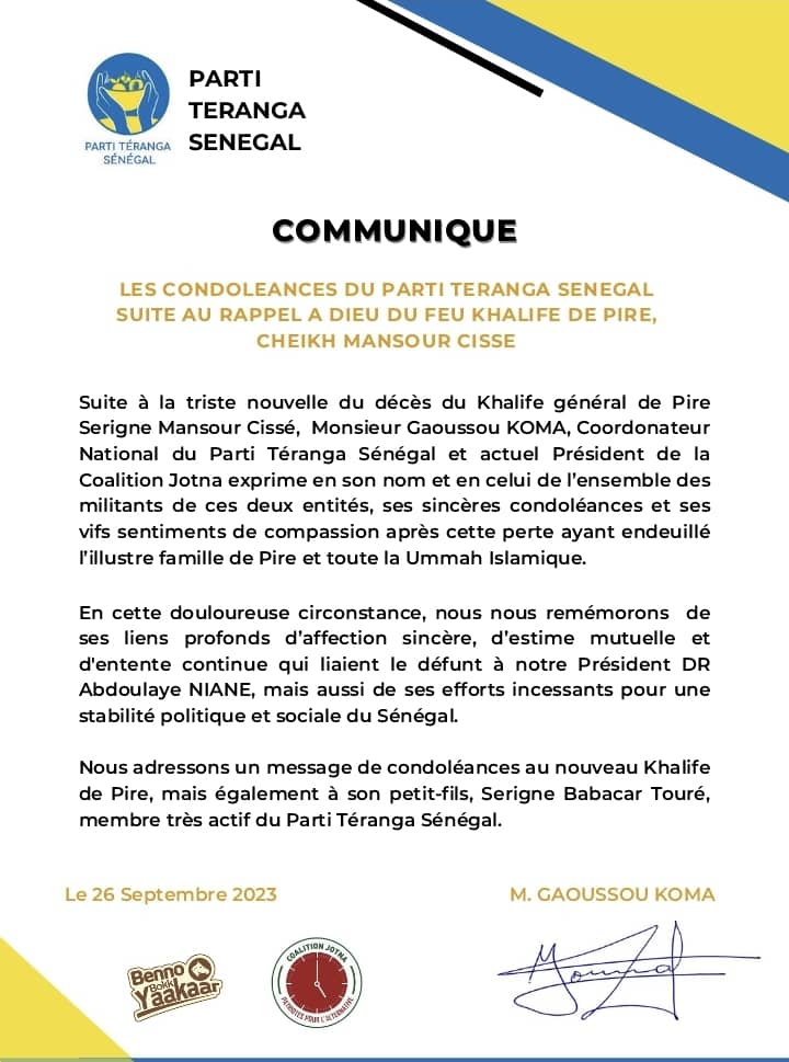 LES CONDOLÉANCES DU PARTI TERANGA SENEGAL SUITE AU RAPPEL A DIEU DU FEU KHALIFE DE PIRE, CHEIKH MANSOUR CISSE