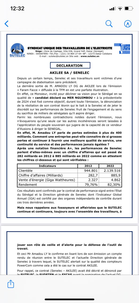 Sortie d'Amadou Ly sur la Sénélec: Le Sutelec parle d'une campagne de diabolisation (Document)