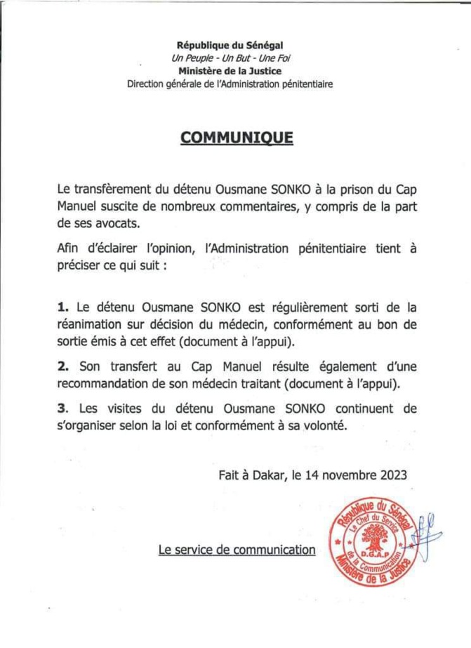 Transfèrement du détenu Ousmane Sonko à la prison du Cap Manuel: L'administration pénitentiaire donne des précisions de taille