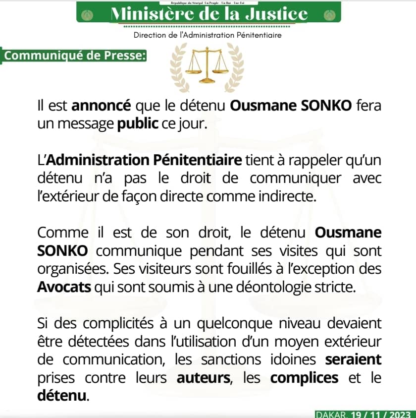 Déclaration De Sonko : L’administration Pénitentiaire Menace Le Détenu Et Ses Supposés Complices