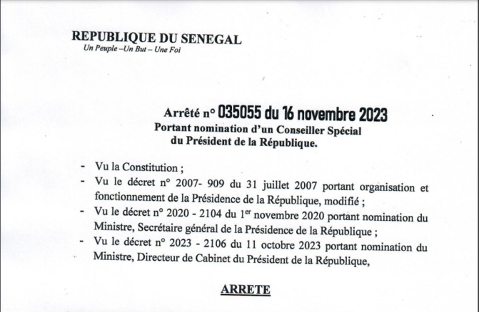 Décret de nomination : Mohamadoune Araby Niass nommé Conseil spécial du président de la République