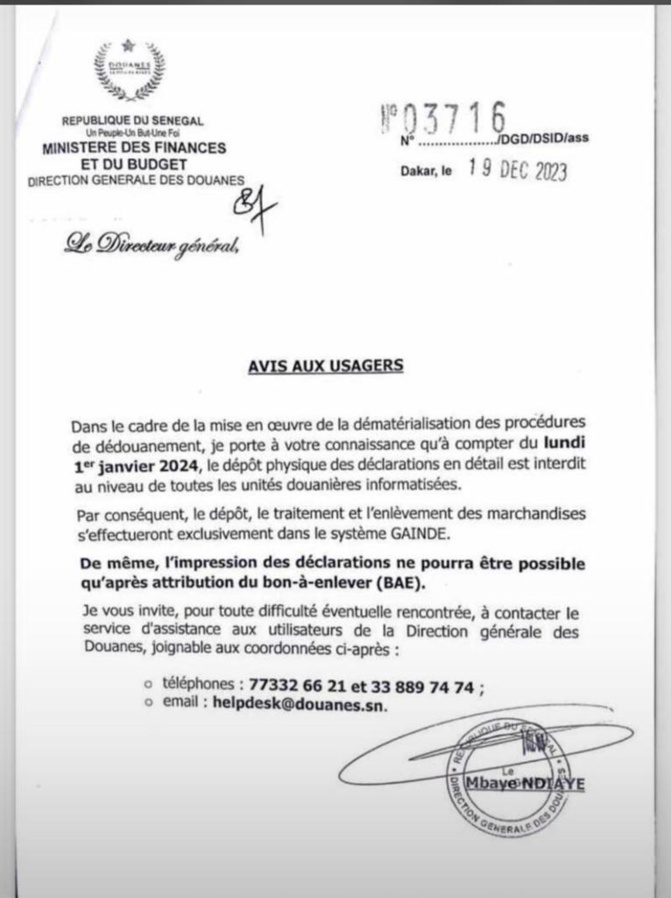 Procédures de dédouanement: Le dépôt physique des déclarations en détail interdit à compter de ce lundi 1er janvier 2024 dans toutes les unités douanières informatisées