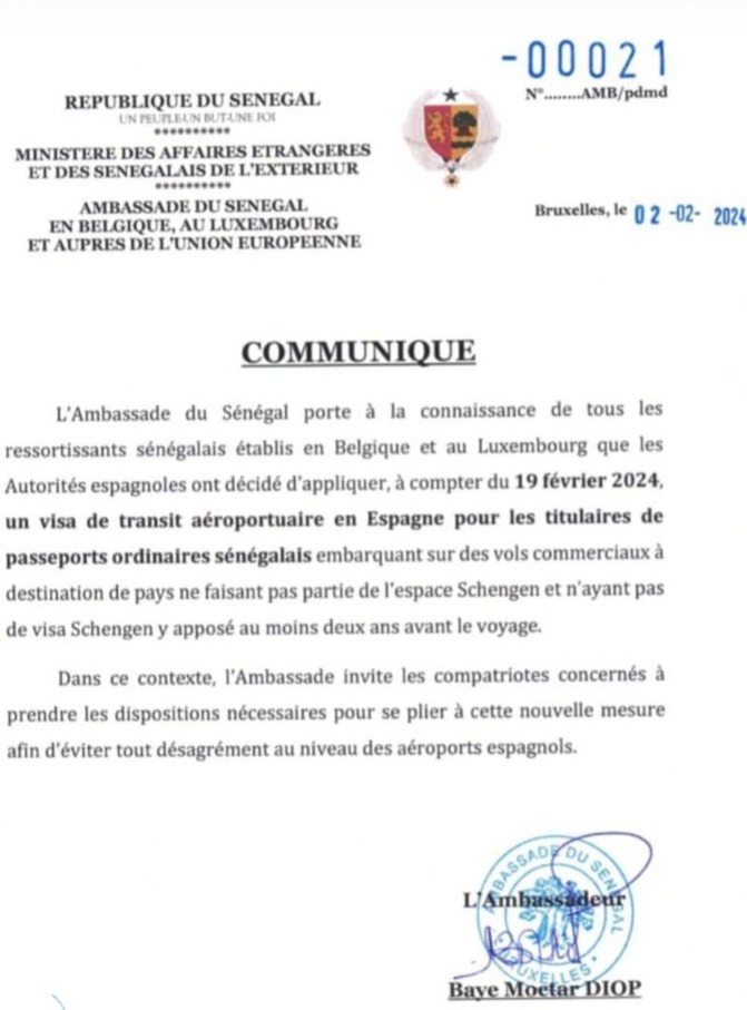 Instauration d'un visa de transit aéroportuaire en Espagne pour les Sénégalais à compter du 19 février 2024