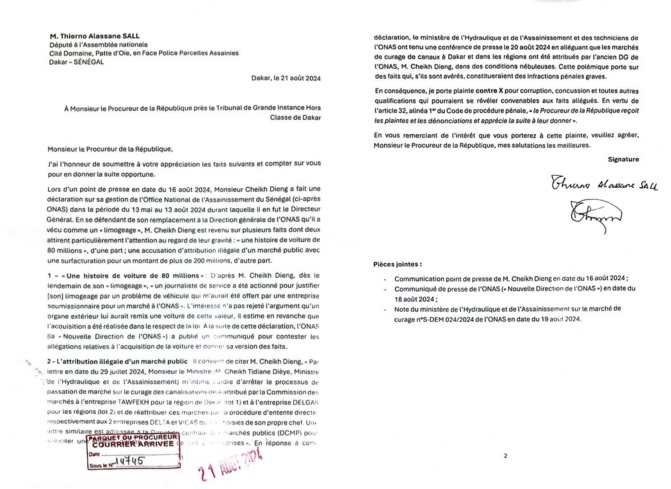 Promesse d'une plainte contre X dans l’affaire « ONAS » : Thierno Alassane Sall joint l’acte à la parole