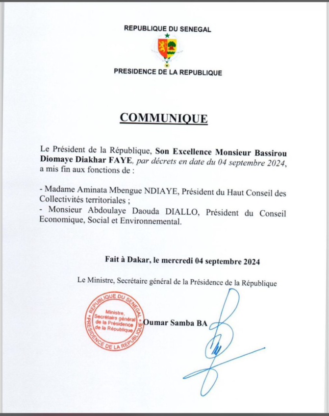 La dissolution de HCCT et CESE rejetée : Bassirou Diomaye Faye limoge Aminata Mbengue Ndiaye et Abdoulaye Daouda Diallo