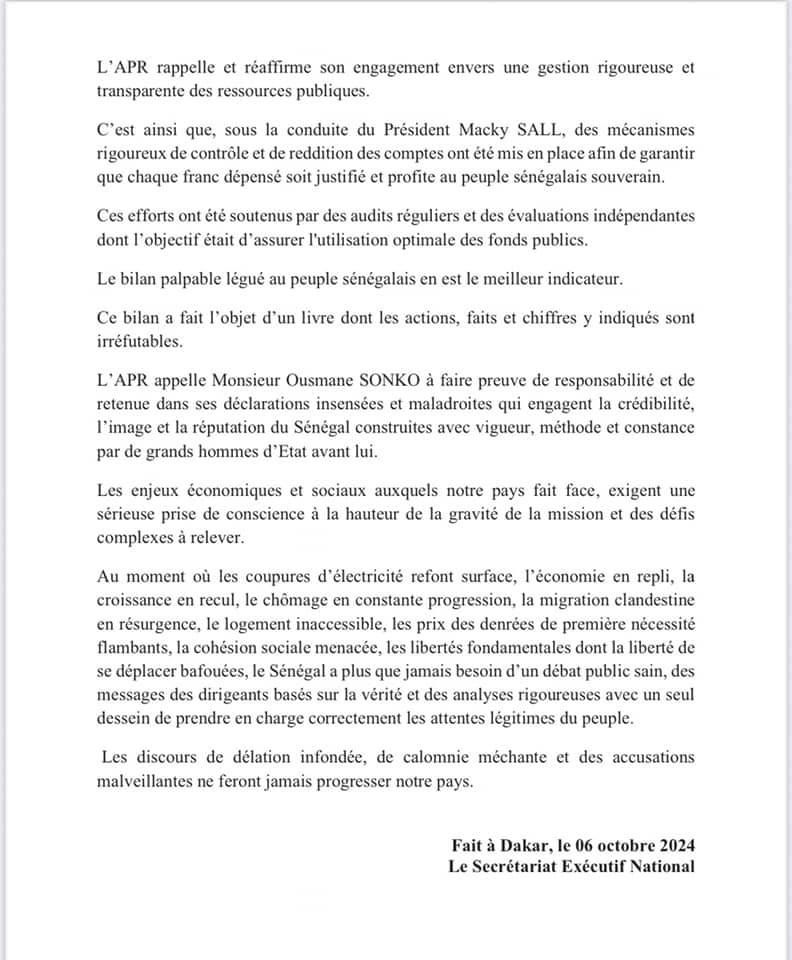 Falsification des chiffres : L’APR déplore et conteste les révélations du Premier ministre et son gouvernement