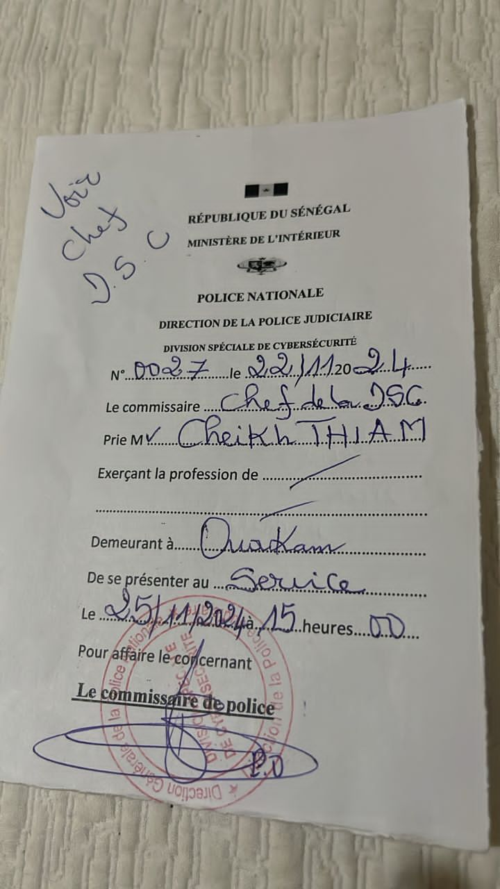 URGENT-L 'ambassadeur Cheikh Thiam du mouvement C221 2DL de Cheikh Yerim Seck convoqué à la cybercriminalité.