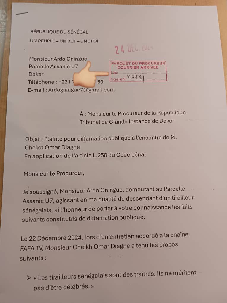 Plainte pour diffamation publique à l’encontre de M. Cheikh Omar Diagne par l'activiste Ardo Gningue