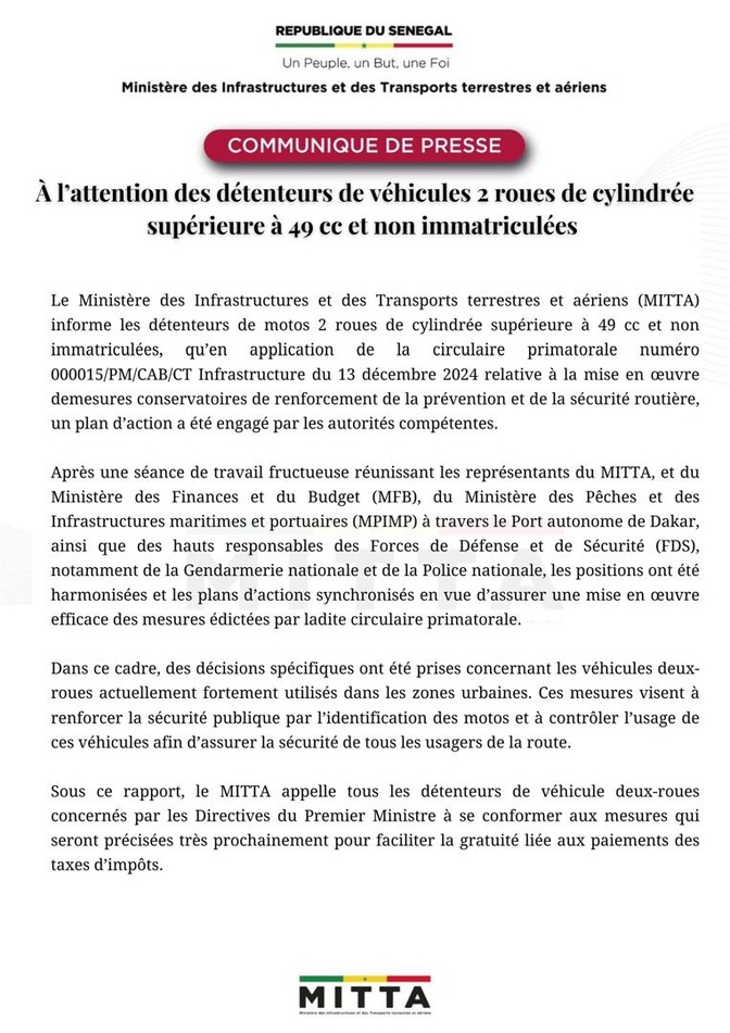 Motos non immatriculées : Un sursis de trois mois accordé pour la régularisation gratuite (Document)