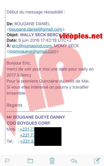 Le mail qui accable Bougane Guéye de saboter le dernier Berçy du 04 Juin juste pour le réorganiser dans la deuxième quinzaine du mois de mai 2017 avec Yuma Production.