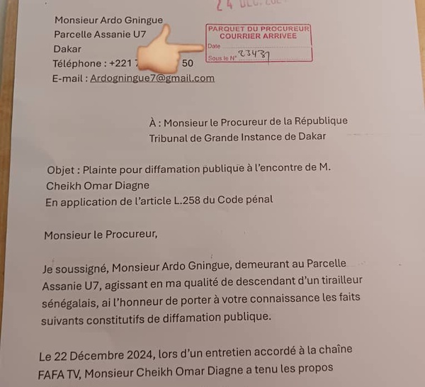 Plainte pour diffamation publique à l’encontre de M. Cheikh Omar Diagne par l'activiste Ardo Gningue