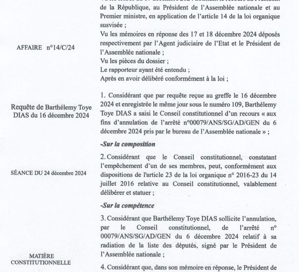 Le Conseil constitutionnel a rejeté la requête de Barthélemy  Diaz qui contestait  sa radiation du poste de député