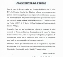 Communiqué de presse sur le dépôt de la caution pour les législatives du 30 juillet 2017