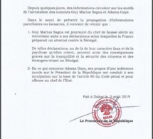 Motifs des arrestations de Guy Marius Sagna et Adama Gaye (Communiqué officiel)