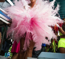 Rihanna impressionnante dans sa robe rose flashy à plumes…