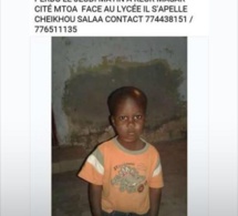 AVIS DE RECHERCHE: CHEIKHOU SALAA ce enfant est disparu depuis jeudi à Keur Massar. Contacter le 77 443 81 51