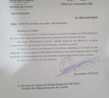 Projet d'installation de Sen Agrocel à Fimela et Palmarin : Le gouverneur de Fatick demande l’arrêt des activités du projet