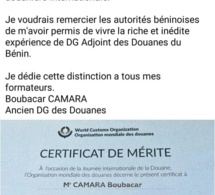 Sous le manteau du Bénin Boubacar Camara honoré : il décroche le Certificat de mérite pour services exceptionnels de l’Organisation mondiale des Douanes