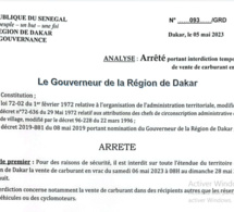 Arrêté du gouverneur de Dakar, portant interdiction temporaire de vente de carburant en vrac