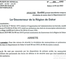 Département de Dakar: Arrêté du gouverneur de Dakar, portant interdiction temporaire de circulation des motos