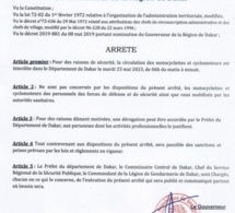 Procès Ousmane Sonko-Adji Sarr : Arrêté portant interdiction temporaire de circulation des motos dans le département de Dakar