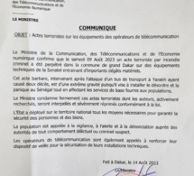 Communiqué Ministère de la communication sur des actes terroristes et criminels sur des équipements de télécommunication