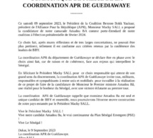 Communiqué de la coordination APR de Guédiawaye sur le choix du président Macky pour 2024.